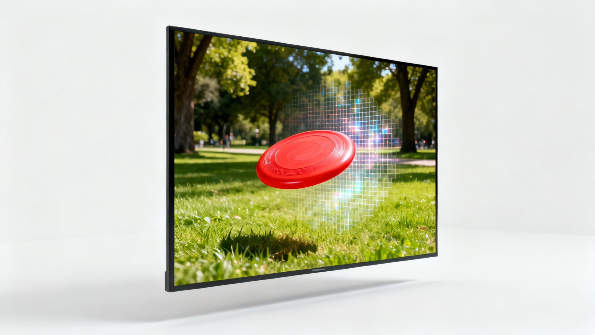 A mockup demonstrating content-aware fill on a video; a red frisbee is being magically erased from a park scene, with the background seamlessly filling in its place.