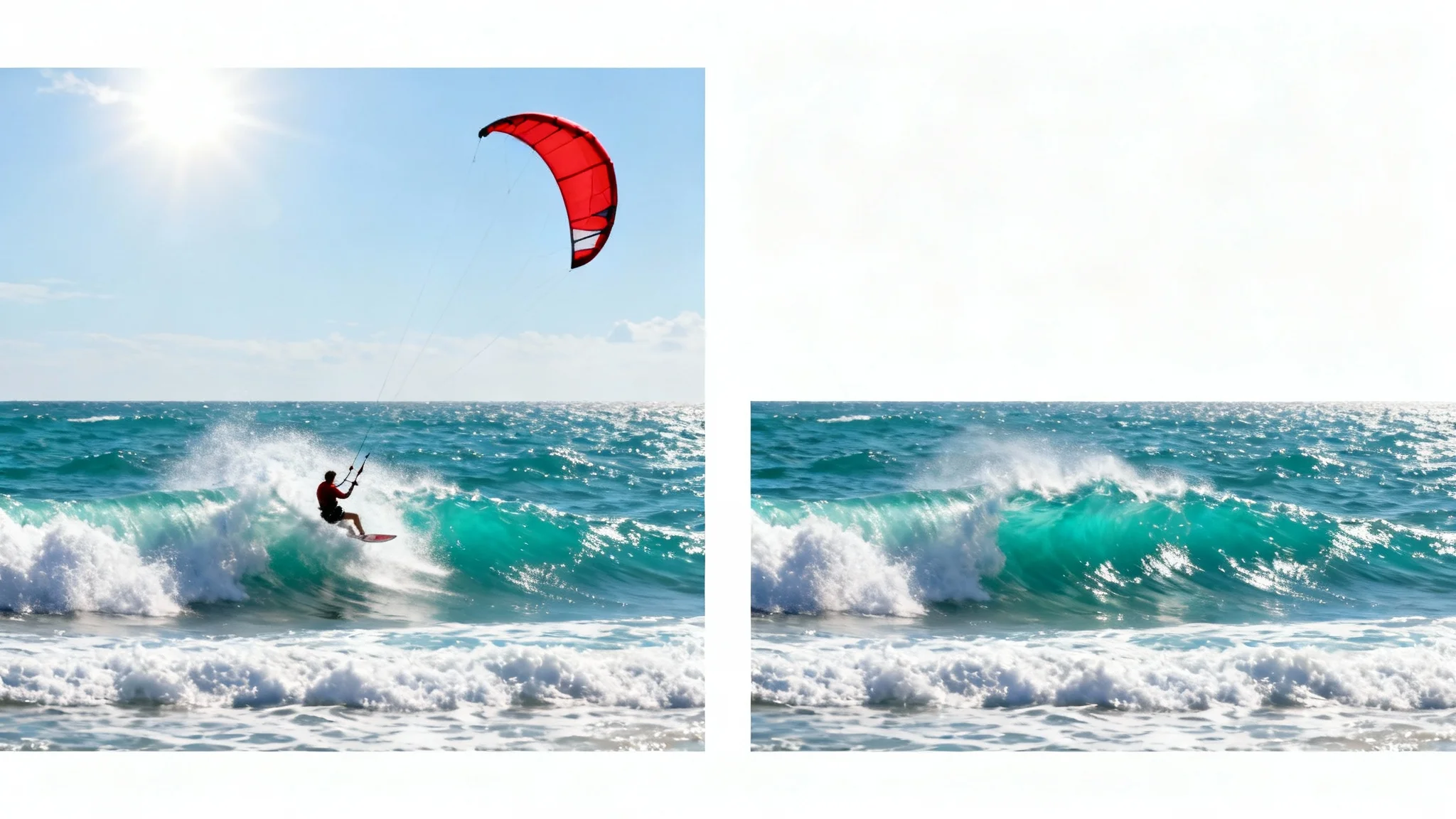 A before-and-after split image demonstrating content-aware fill. The left side shows a kite surfer on the ocean, and the right side shows the same ocean scene with the kite surfer completely removed.