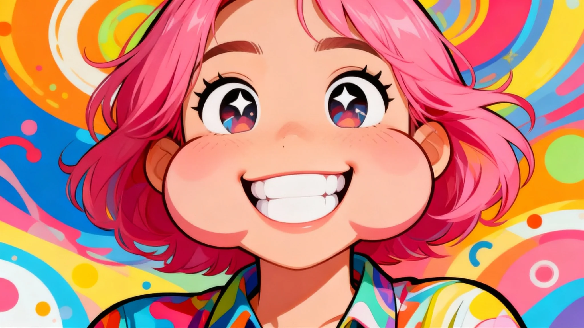 An eye-catching image of a woman's face after being used in a face warp editor. She has huge cartoon eyes, puffed cheeks, and a giant smile, with bright pink hair against a colorful, abstract background.