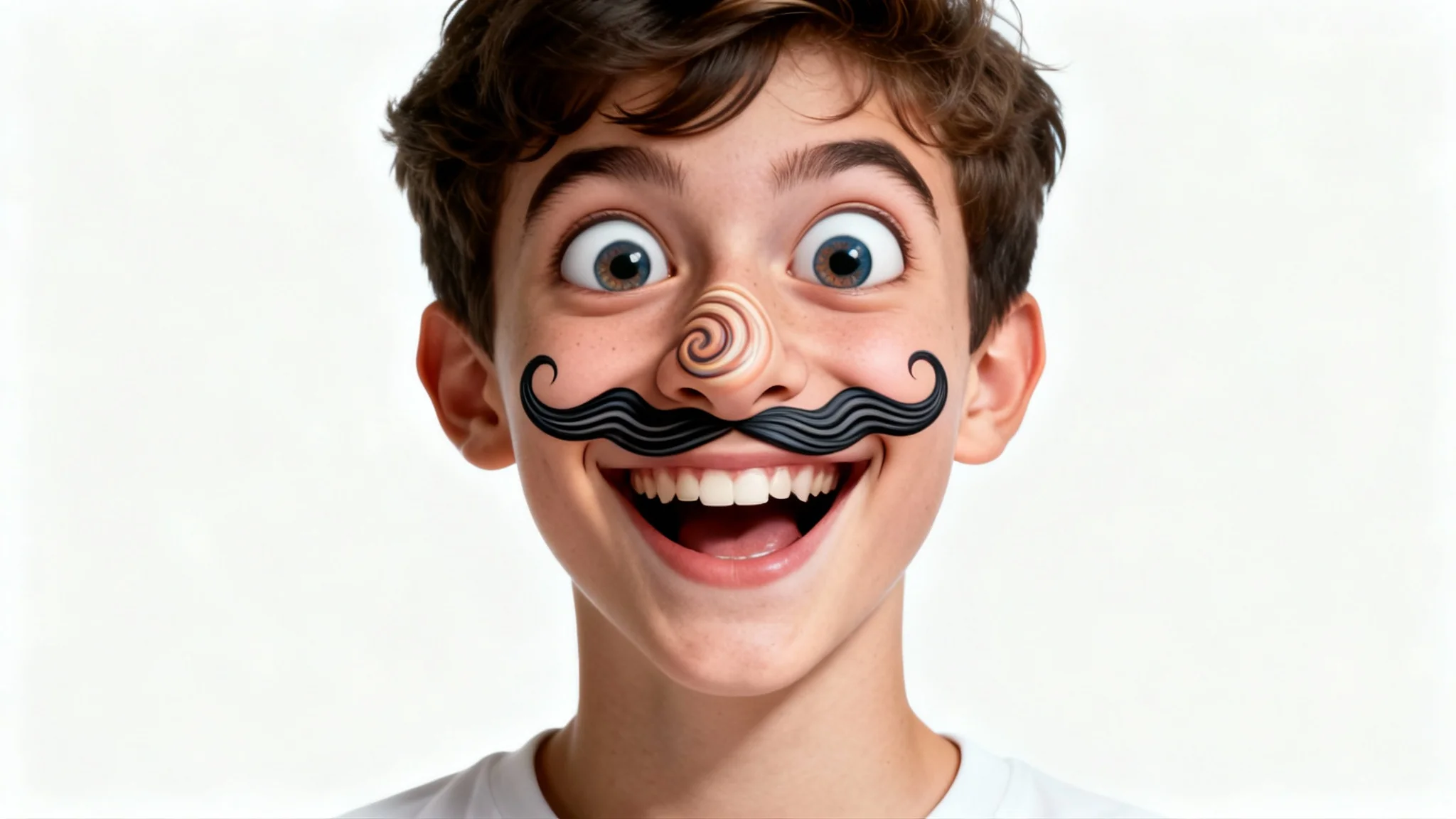 A close-up portrait of a person's face being humorously distorted by a face warp filter, featuring comically large eyes and a stretched, wavy smile, set against a plain white background.