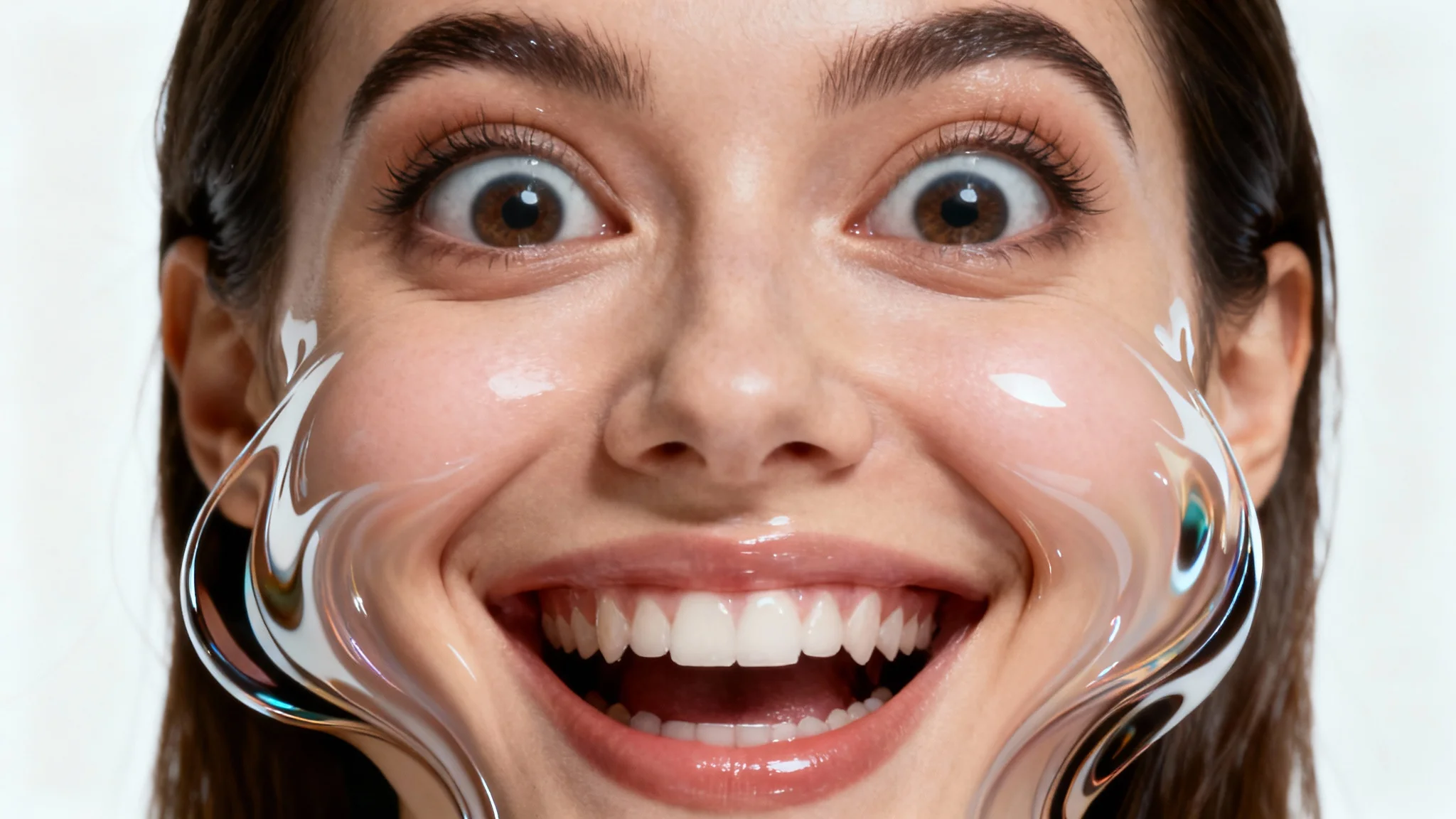 A photorealistic and humorous image of a woman's face distorted with a warp effect, featuring oversized eyes and a stretched smile, set against a plain white background.