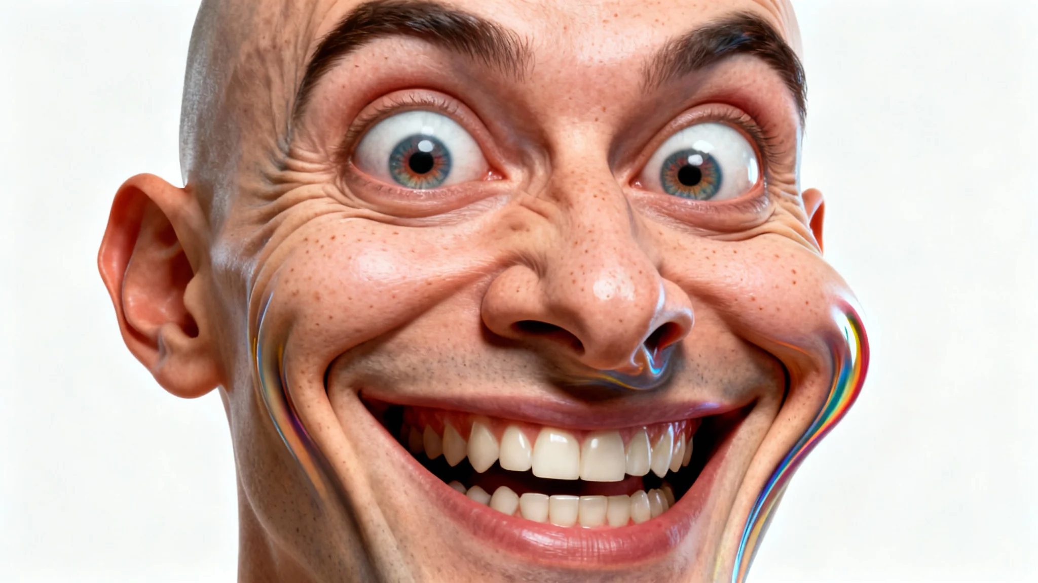 A close-up photograph of a person's face that has been comically distorted using a face warp effect, featuring oversized eyes and a stretched smile, set against a plain white background.