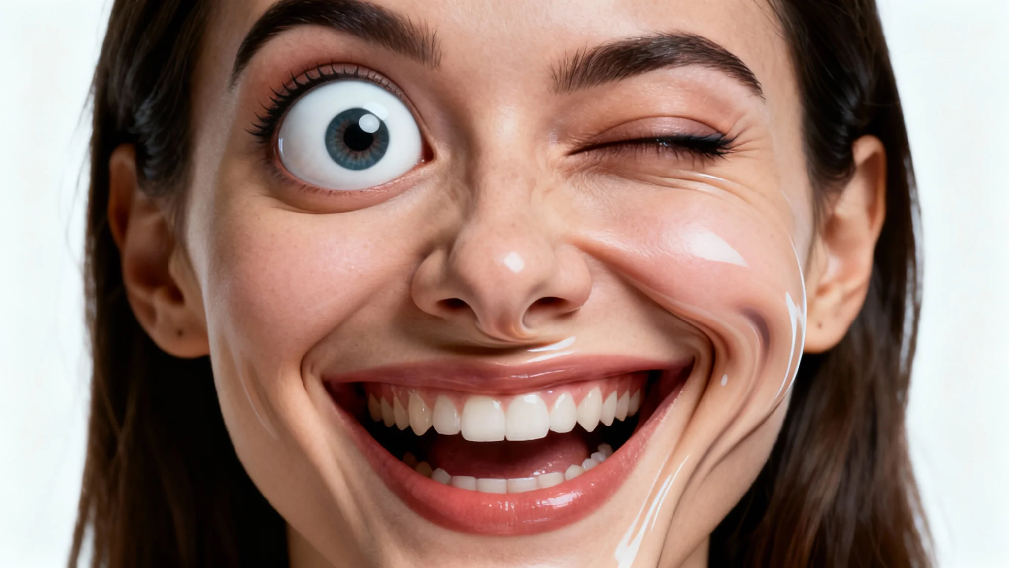 A hyper-realistic but comically distorted woman's face with one huge eye and an impossibly wide smile, demonstrating a face warp effect on a white background.