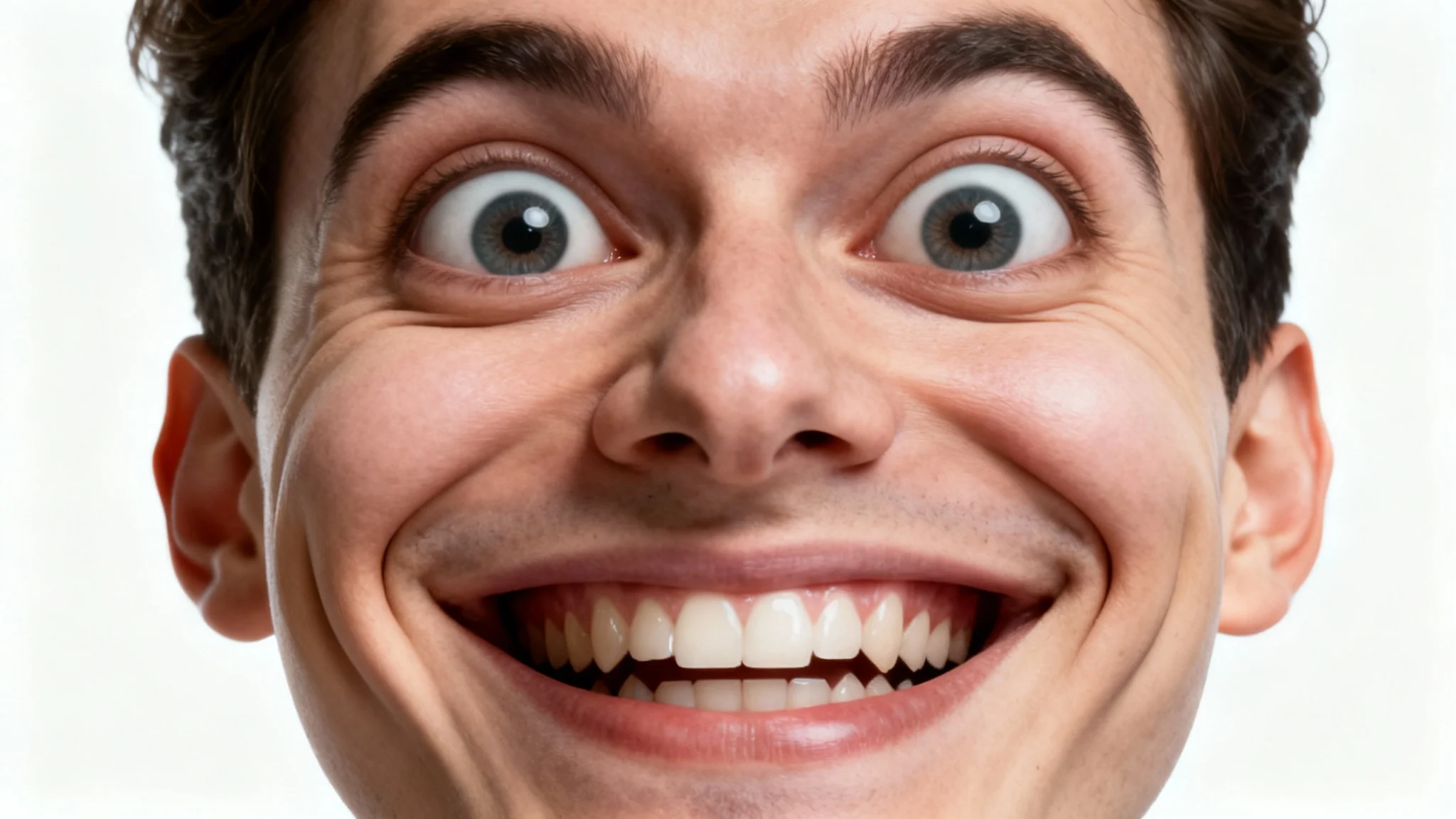 A photorealistic image of a person's face humorously distorted with a face warp effect, featuring oversized eyes and a stretched smile, on a clean white background.