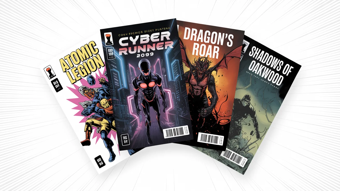 A collection of four professionally designed comic book covers in different genres—superhero, sci-fi, fantasy, and horror—arranged in a fan-like spread on a white background, demonstrating the output of a comic cover generator.