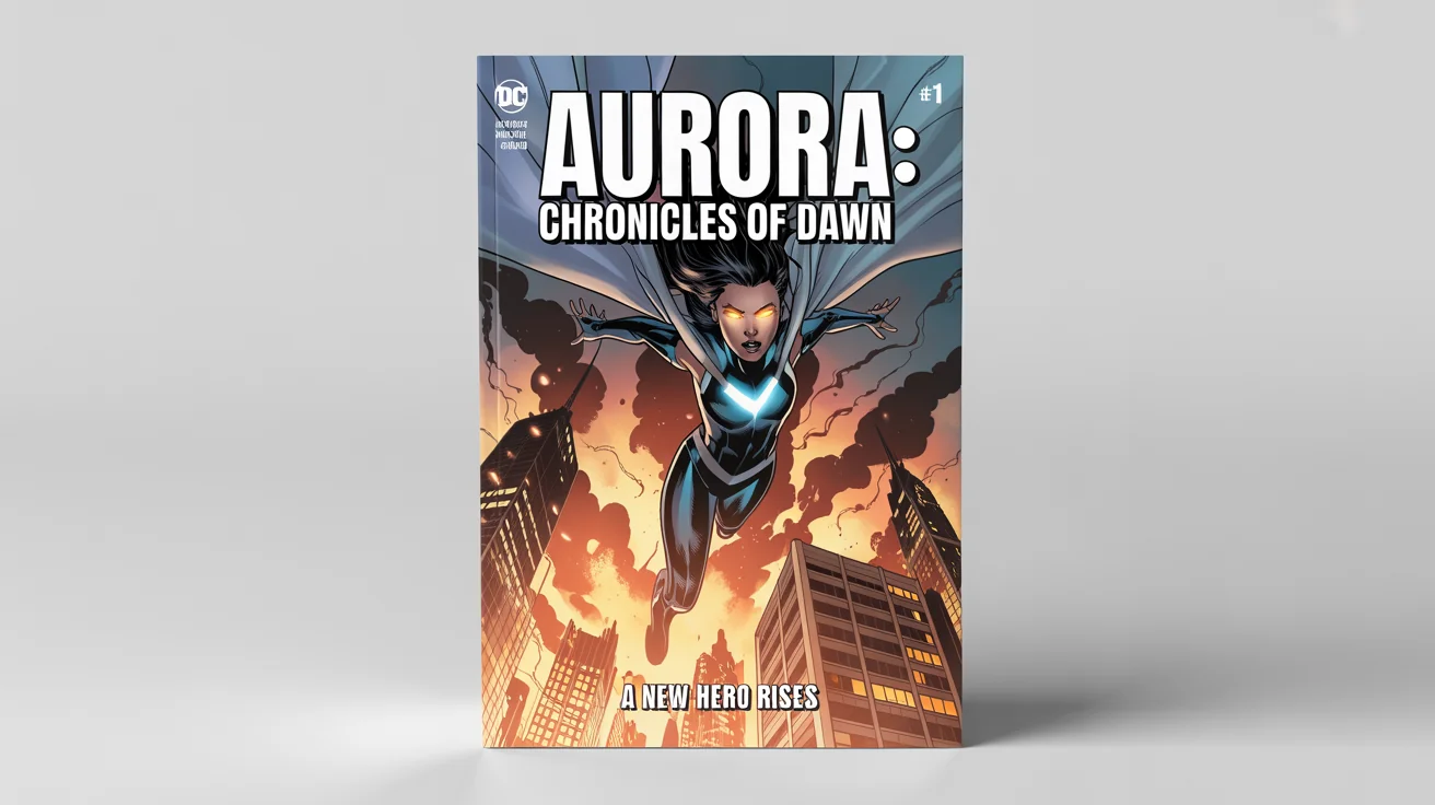 A professional mockup of a comic book cover titled 'Aurora: Chronicles of Dawn', featuring a powerful superheroine floating in front of a city in chaos. The cover is isolated on a white background.