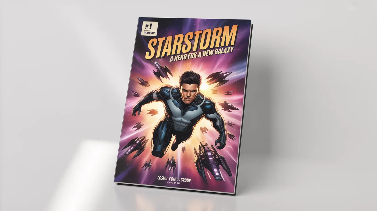 A mockup of a superhero comic book cover titled 'STARSTORM', featuring a male hero in a nebula facing alien ships. The comic is shown on a clean white background.