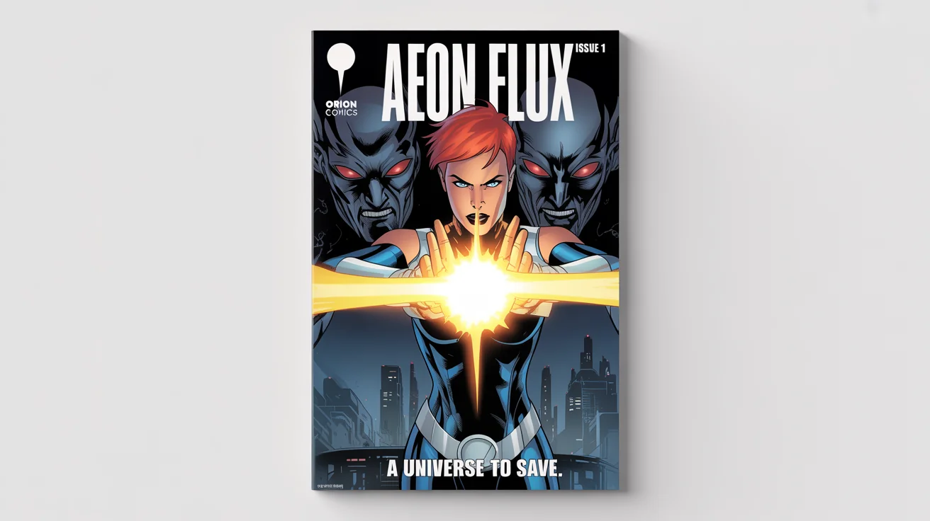 A mockup of a comic book cover titled 'AEON FLUX', featuring a female superhero in blue and silver armor firing an energy blast, with a shadowy alien villain behind her, all against a plain white background.