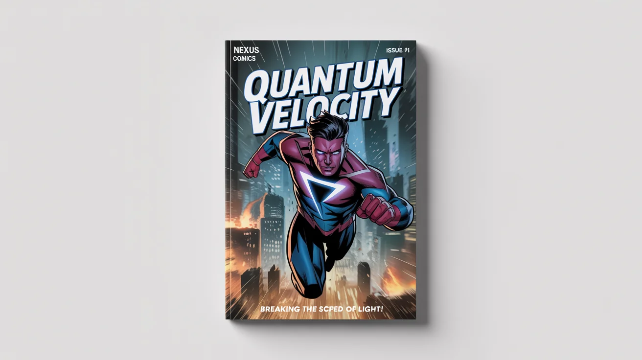 A vibrant comic book cover mockup for a fictional hero named 'Quantum Velocity,' shown on a clean white background. The cover depicts the hero in an action pose against a chaotic city backdrop.