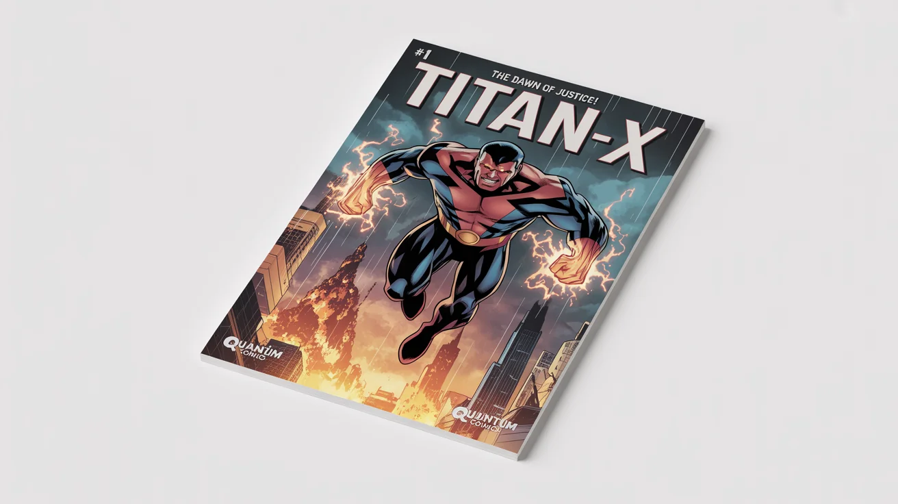 A mockup of a superhero comic book titled 'Titan-X', issue #1, showing a powerful hero in a blue and red suit hovering over a city. The comic is displayed on a plain white background.