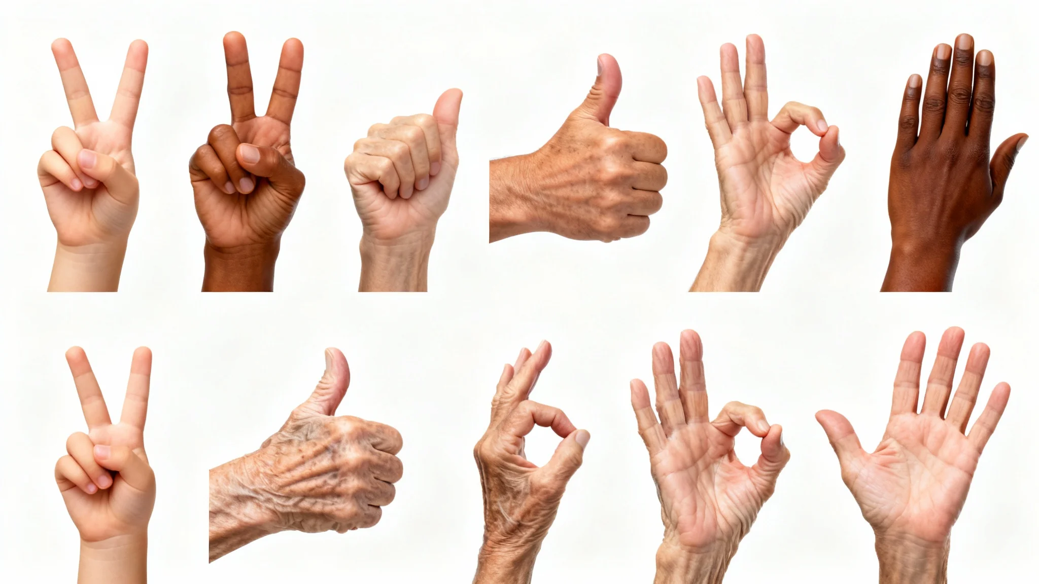 A collection of photorealistic, diverse hands making different positive hand signs, including a peace sign and a thumbs-up, on a clean white background.