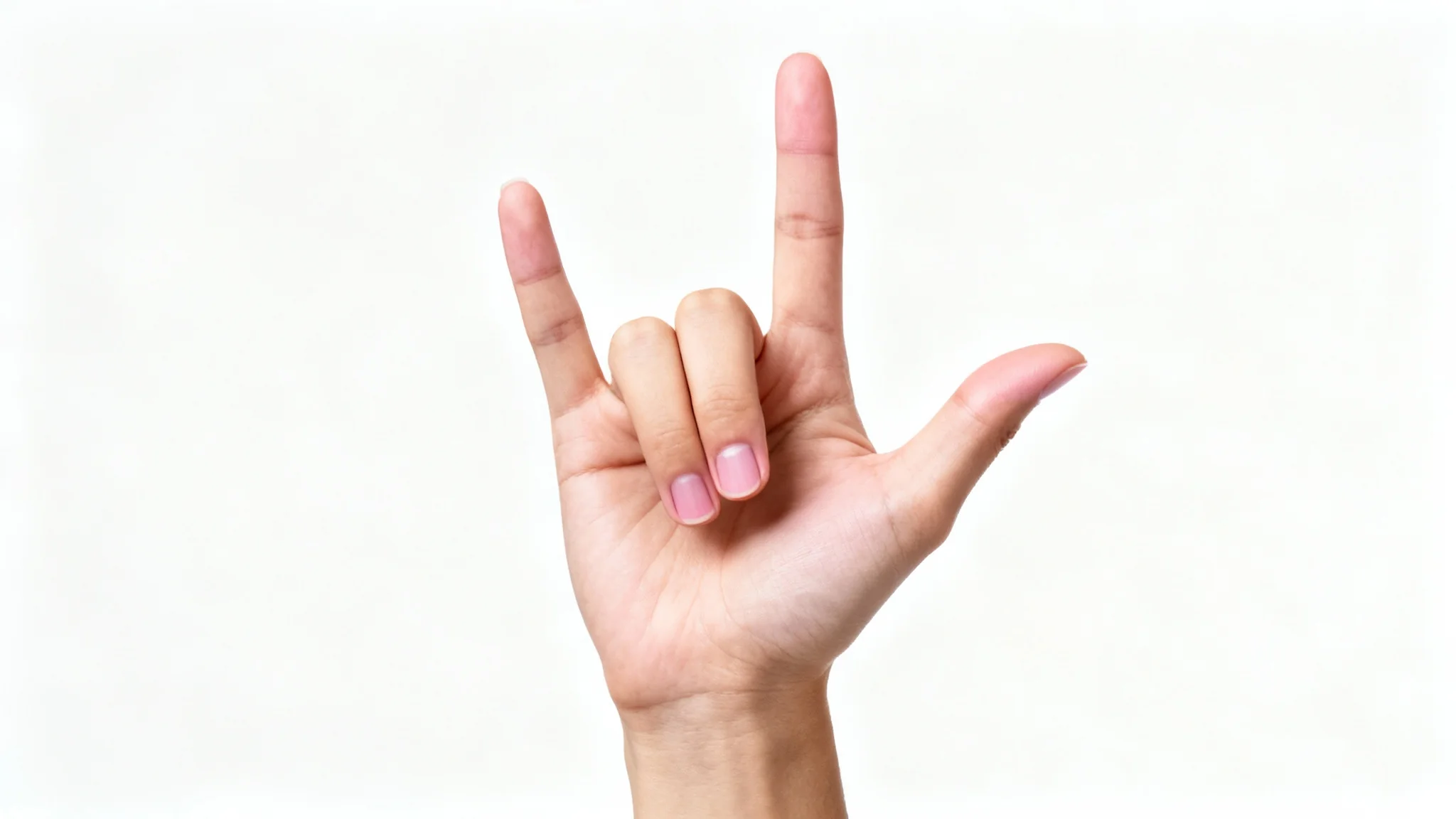 A photorealistic studio image of a human hand making the 'rock on' sign against a plain white background.