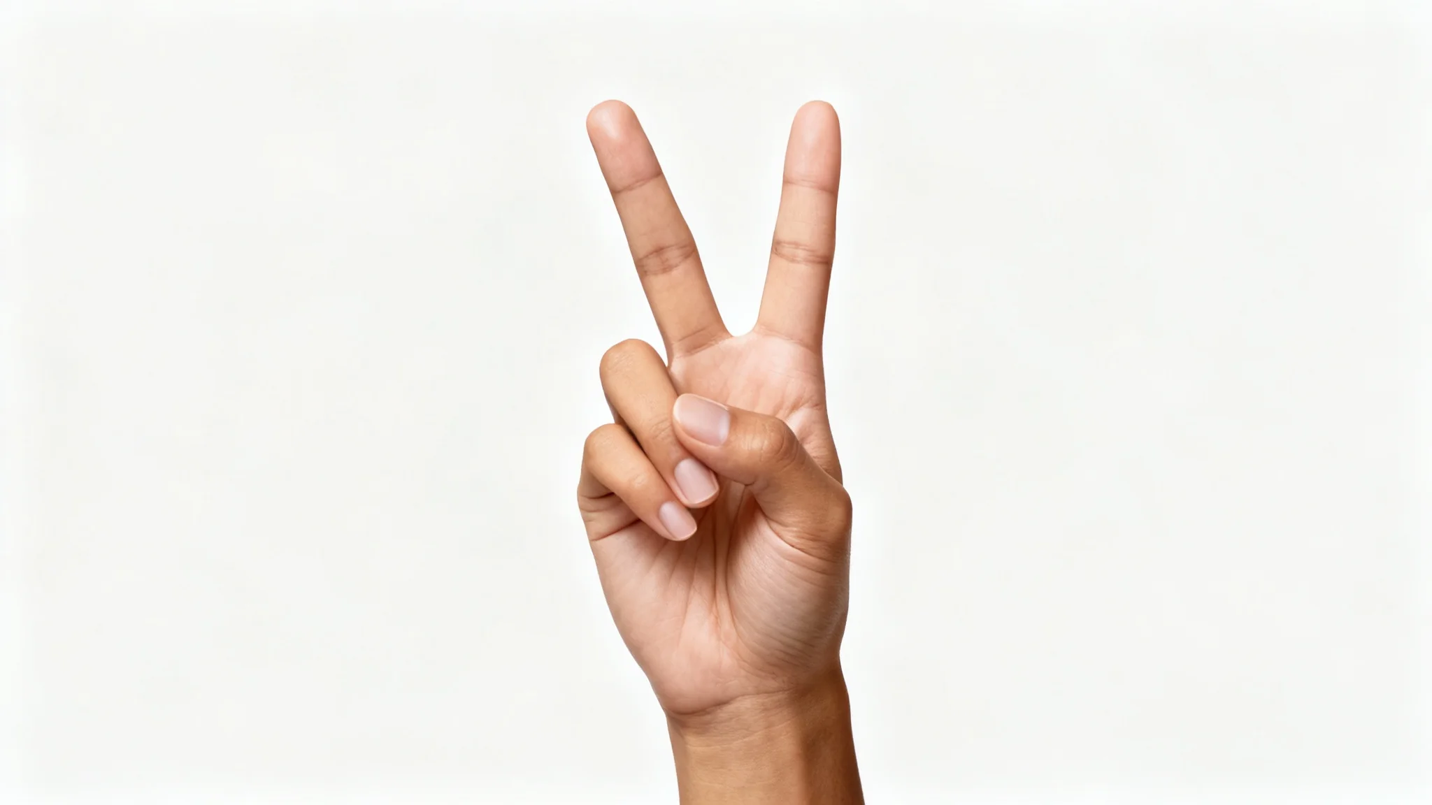 A photorealistic image of a human hand making a peace sign against a clean white background.