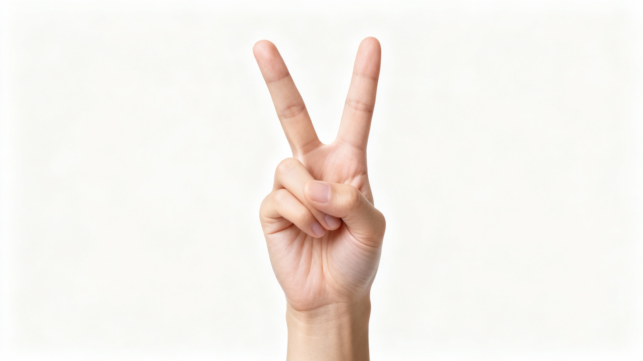 A photorealistic image of a human hand making a peace sign against a clean white background.