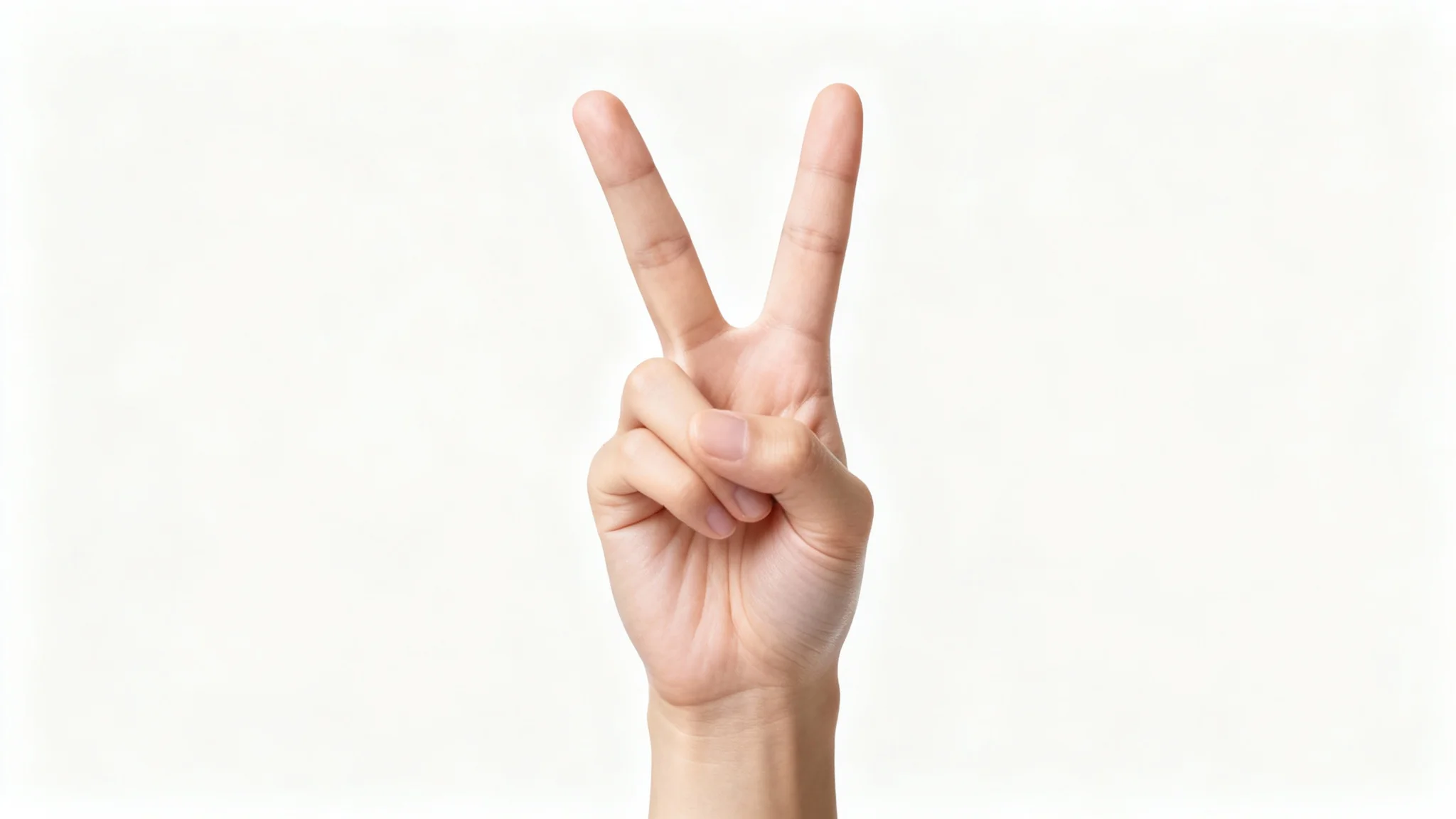 A photorealistic image of a human hand making a peace sign against a clean white background.