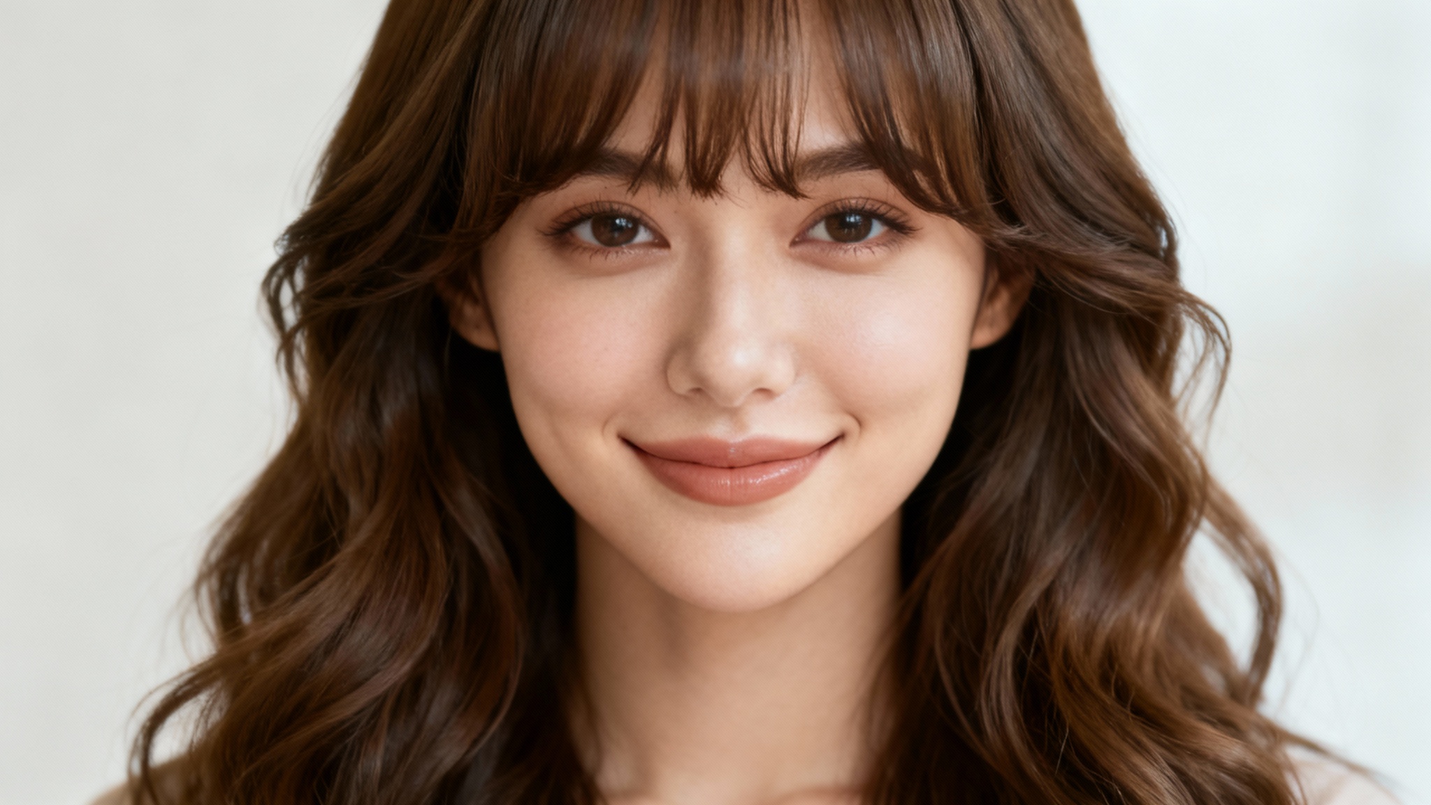 A smiling woman with long brown hair shown after using a bangs filter to add a stylish, wispy fringe to her hairstyle.