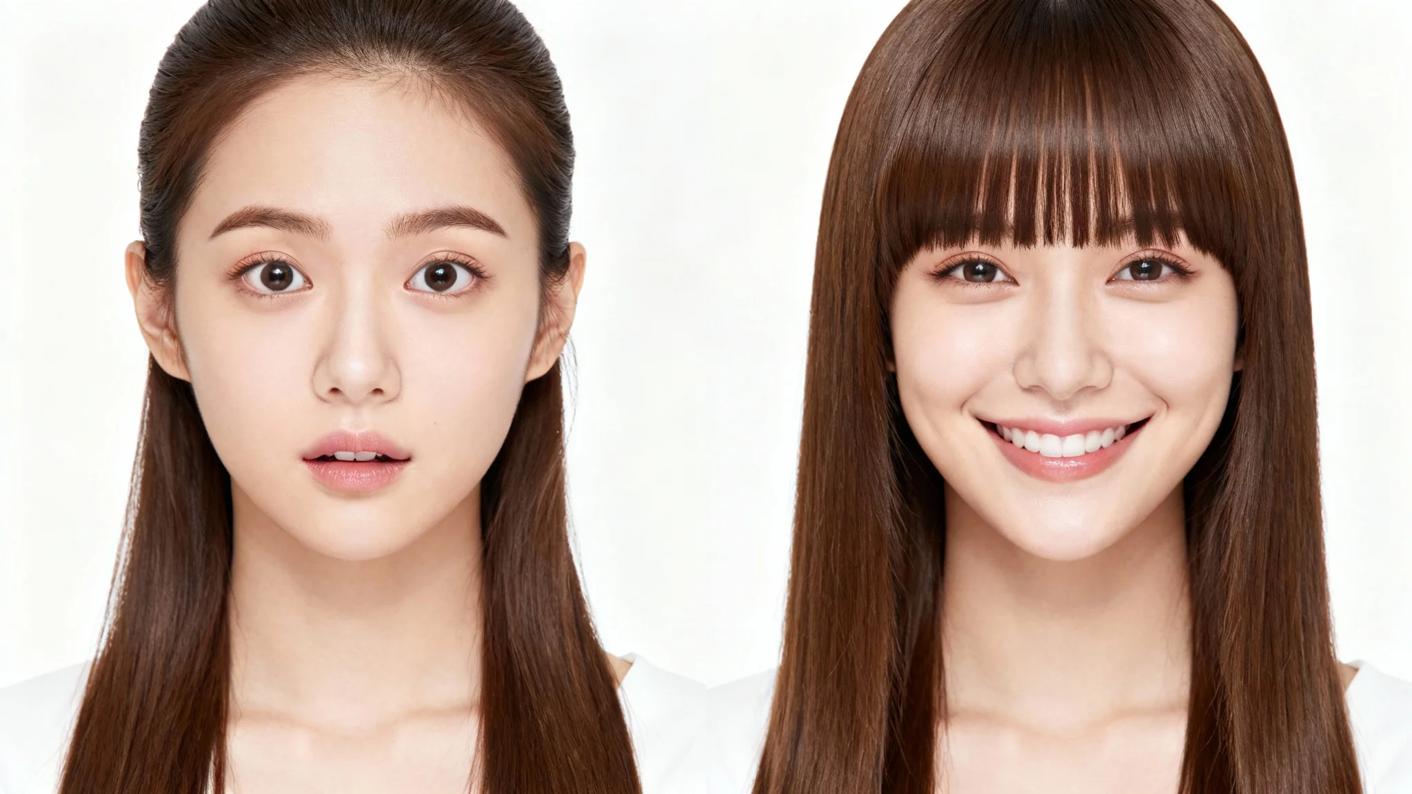 A before-and-after image diptych showing a woman's face. The 'before' image on the left shows her without bangs, and the 'after' image on the right shows her with stylish curtain bangs, illustrating the effect of a bangs filter.