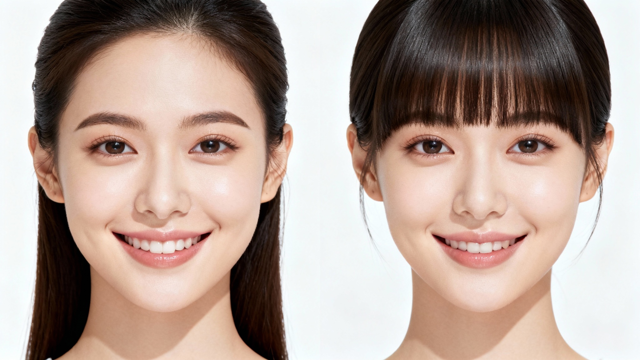 A before-and-after image demonstrating a bangs filter. On the left, a woman has no bangs. On the right, the same woman is shown with realistic, stylish curtain bangs.