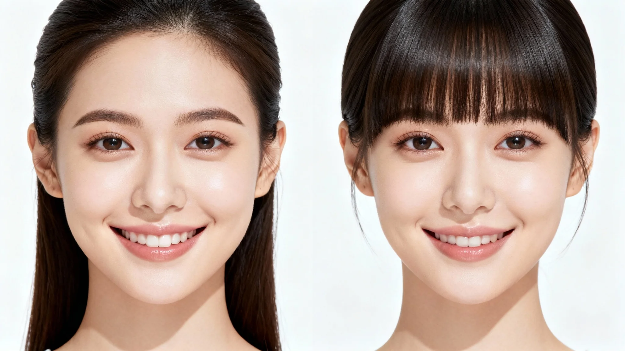 A before-and-after image demonstrating a bangs filter. On the left, a woman has no bangs. On the right, the same woman is shown with realistic, stylish curtain bangs.