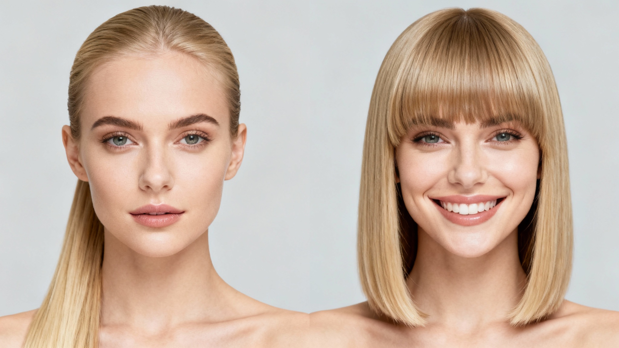 A before-and-after comparison image showing a woman first with her hair pulled back and no bangs, then with stylish curtain bangs, illustrating the effect of a bangs filter.