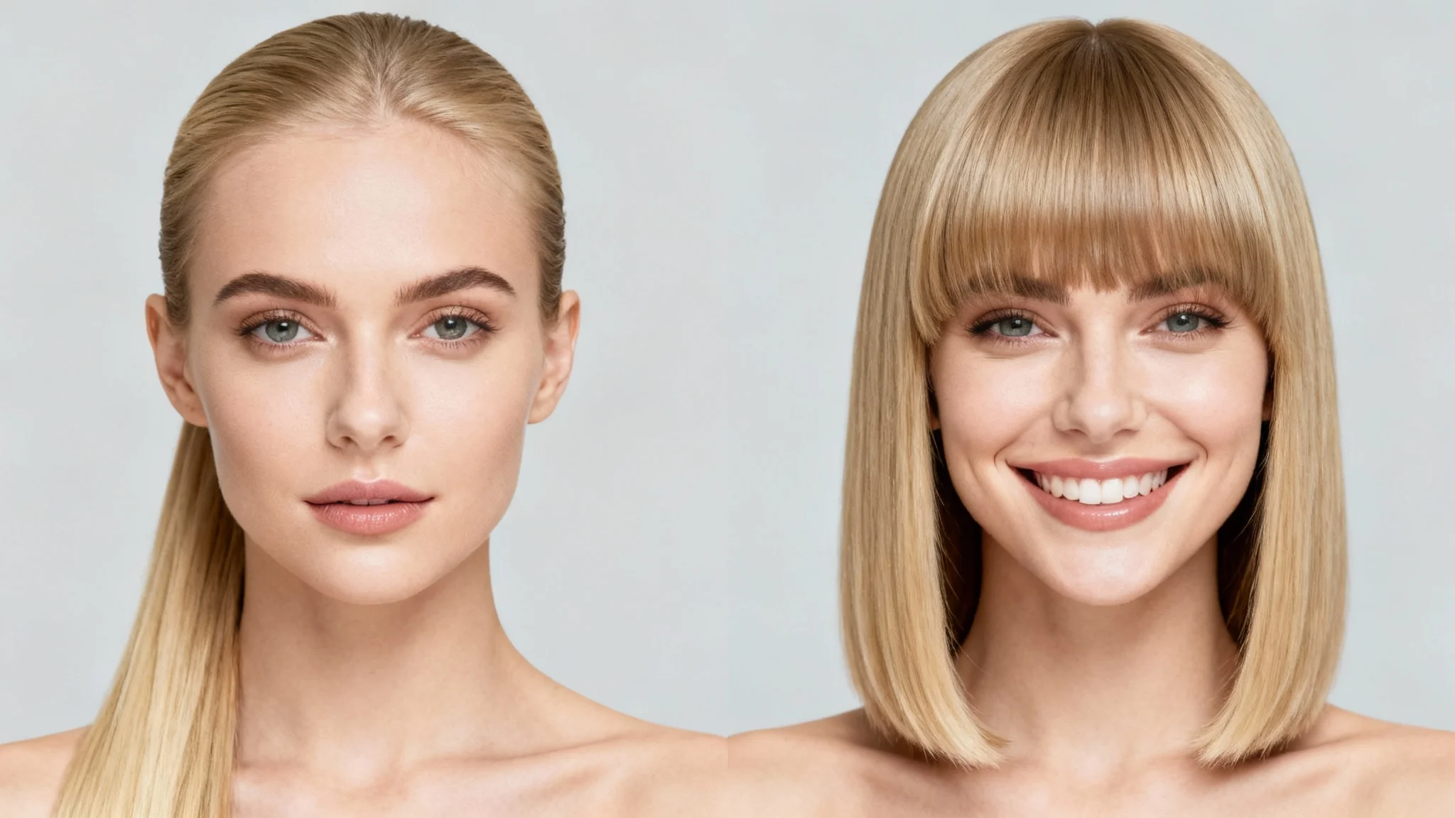A before-and-after comparison image showing a woman first with her hair pulled back and no bangs, then with stylish curtain bangs, illustrating the effect of a bangs filter.