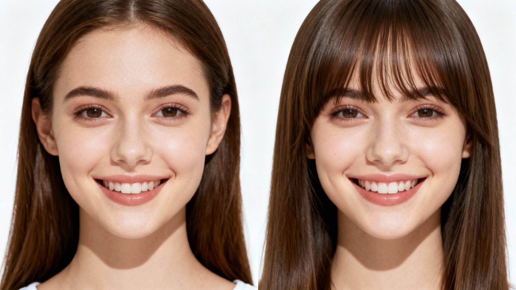 A split-screen image showing a woman's face before and after applying a bangs filter. The left side shows her without bangs, and the right side shows her with realistic wispy curtain bangs.
