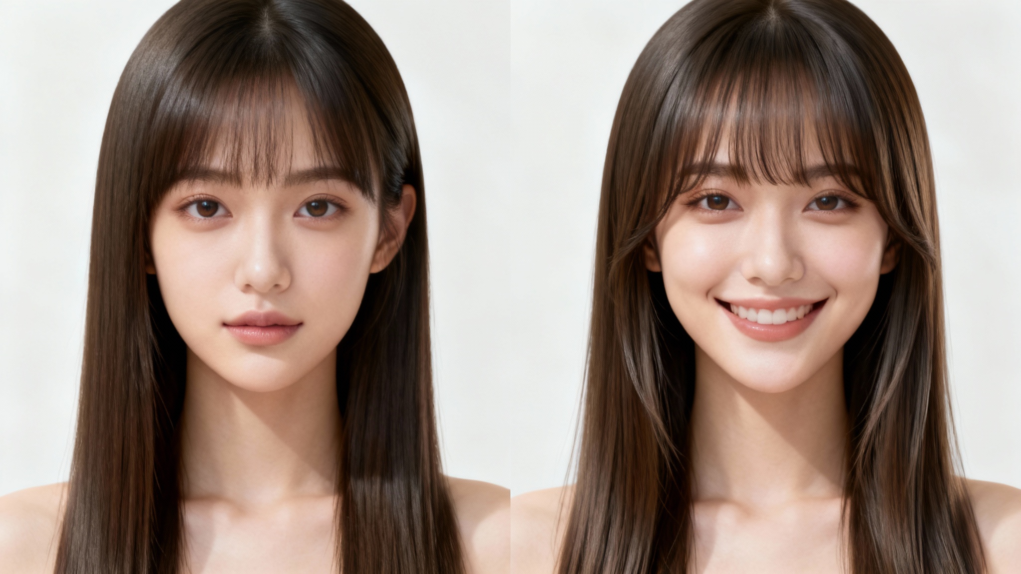 A split-screen image showing a woman before and after applying a bangs filter. The left panel shows her without bangs, and the right panel shows her smiling with perfectly styled, realistic digital bangs.