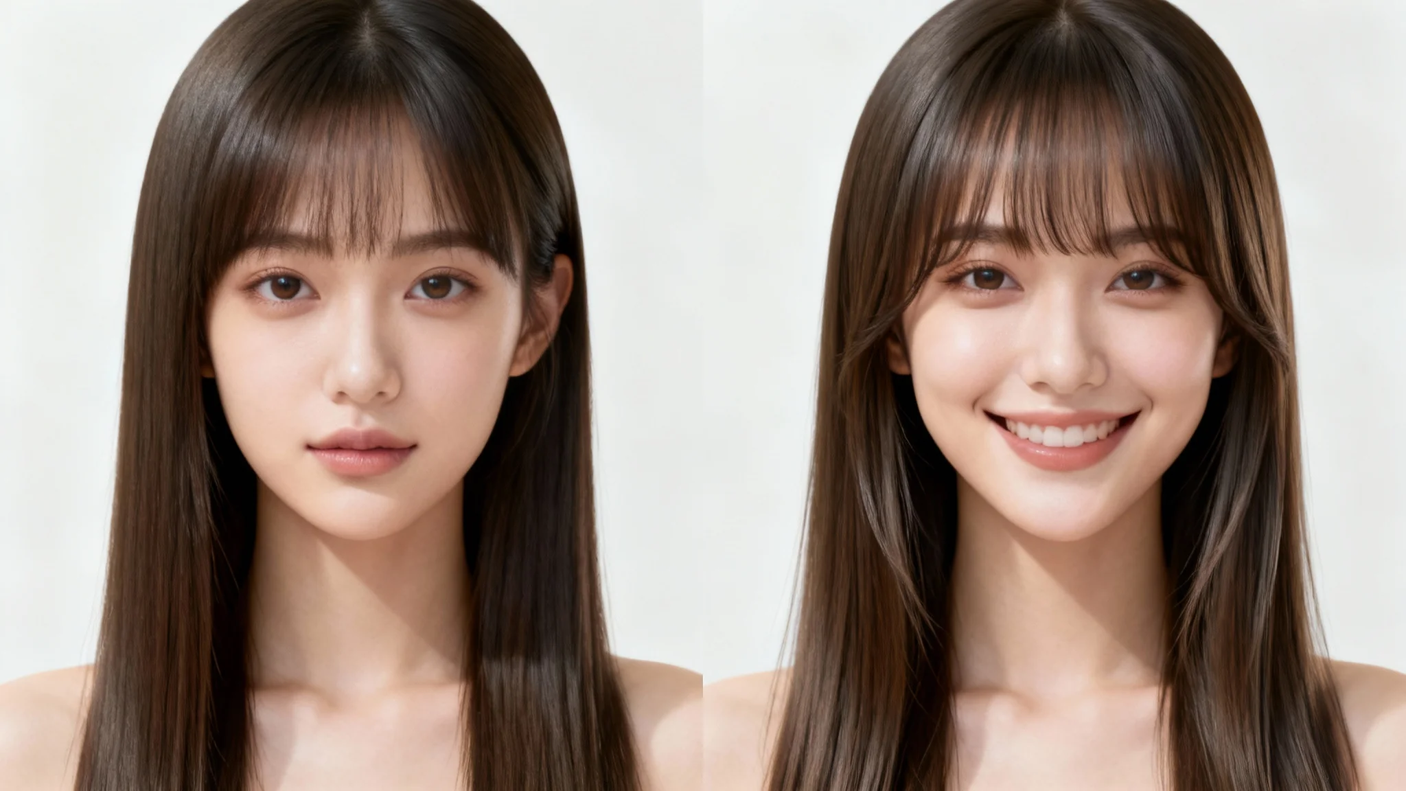 A split-screen image showing a woman before and after applying a bangs filter. The left panel shows her without bangs, and the right panel shows her smiling with perfectly styled, realistic digital bangs.