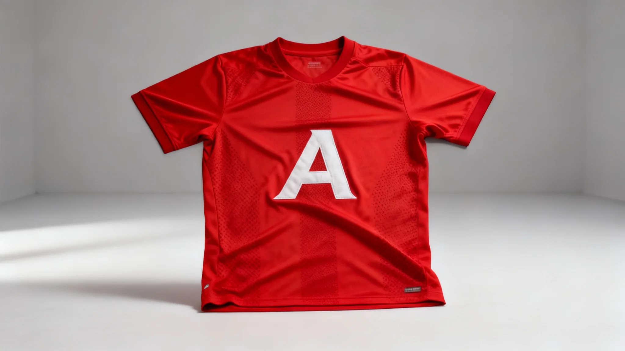 A professional photograph of a red soccer jersey with a white stylized 'A' logo perfectly applied to the chest, shown against a clean background.