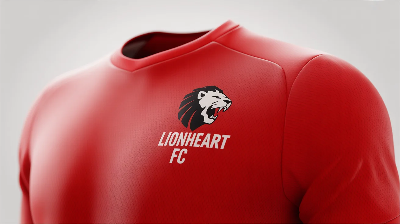 A professional mockup of a red soccer jersey featuring a custom logo of a roaring lion and the words 'LIONHEART FC' on the chest, presented against a clean white background.
