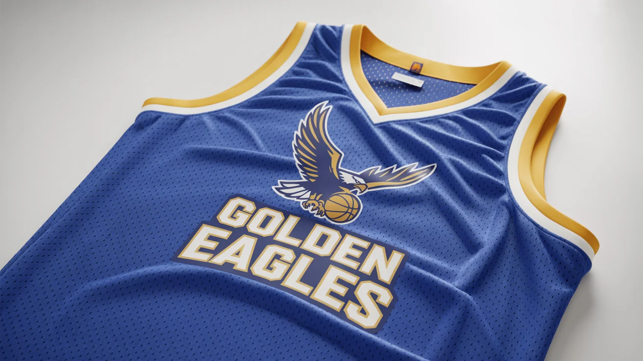 A photorealistic mockup of a royal blue basketball jersey with a custom 'Golden Eagles' team logo on the chest, laid flat on a white background.
