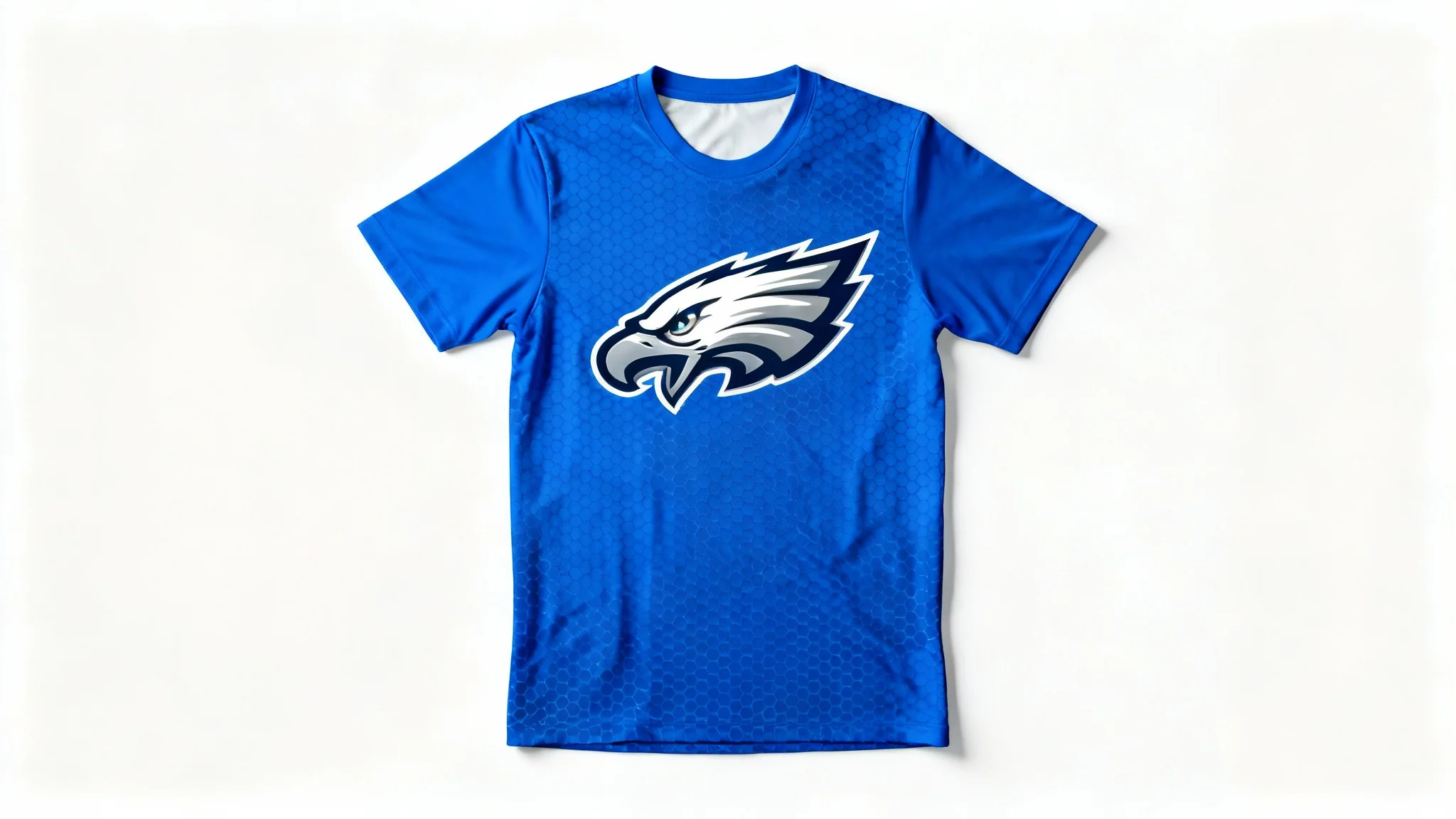 A vibrant blue sports jersey with a custom silver eagle head logo on the chest, shown as a professional product mockup on a plain white background.