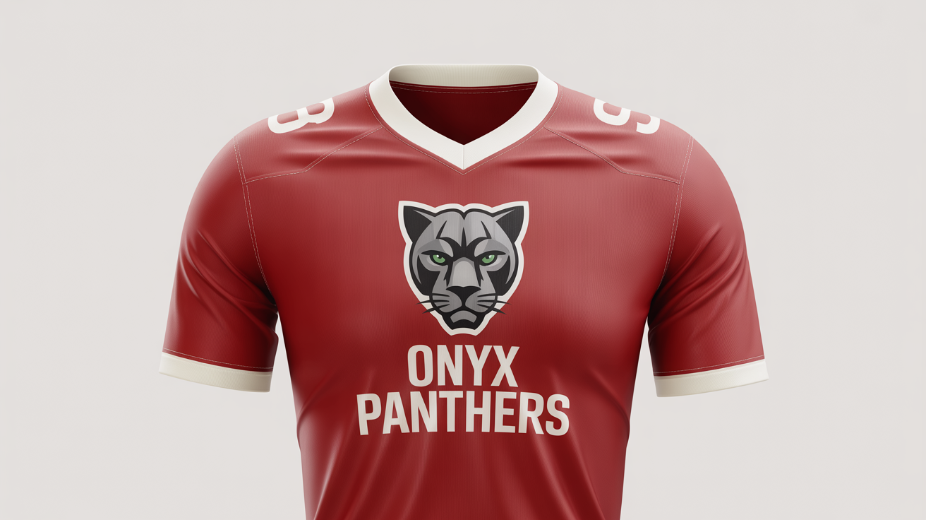 A photorealistic product mockup of a crimson red football jersey with a custom black panther logo and the text 'ONYX PANTHERS' on the chest, displayed against a clean white background.