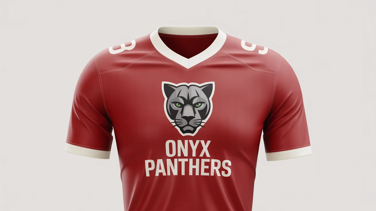A photorealistic product mockup of a crimson red football jersey with a custom black panther logo and the text 'ONYX PANTHERS' on the chest, displayed against a clean white background.