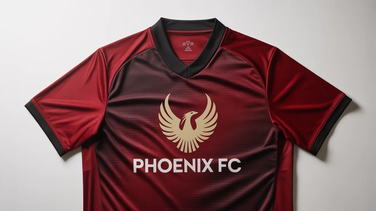 A deep red soccer jersey with black trim, laid flat on a white background. It features a custom gold and black logo of a geometric phoenix, with the text 'PHOENIX FC' printed underneath.