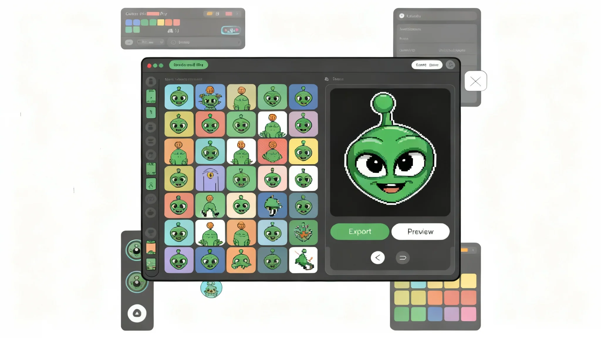 A final, exported sprite sheet showing a green alien character in various animation poses, such as walking, running, and jumping, arranged in a grid on a white background.