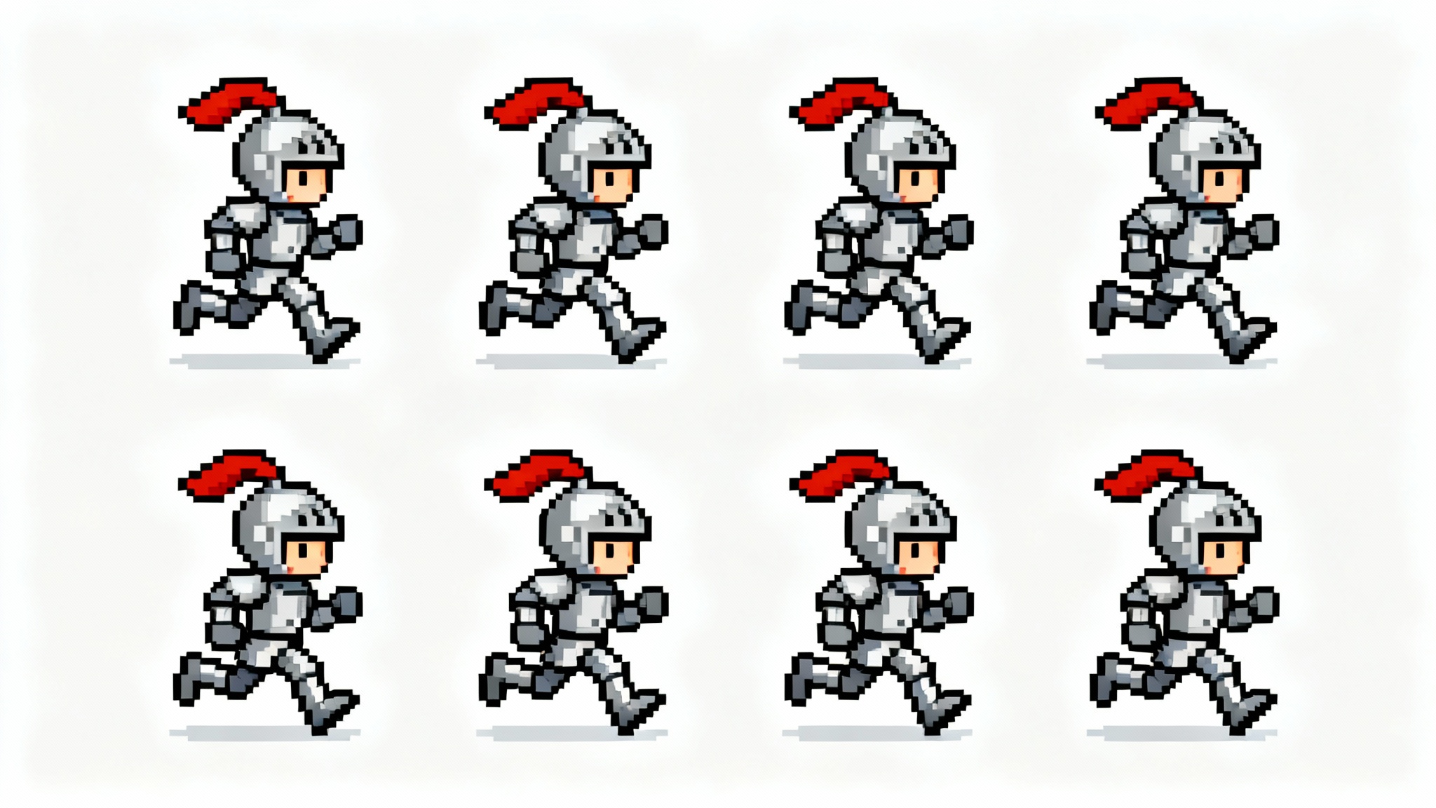A 16-bit pixel art sprite sheet on a white background, showing the 8-frame running animation of a small video game knight character.