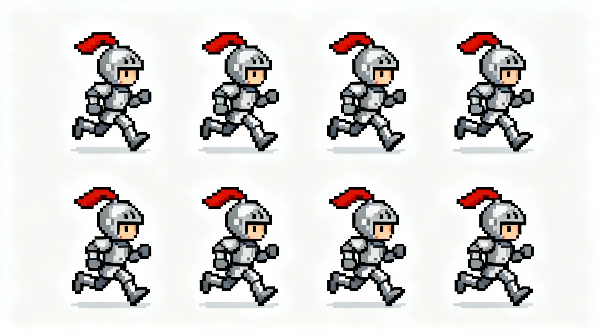 A 16-bit pixel art sprite sheet on a white background, showing the 8-frame running animation of a small video game knight character.