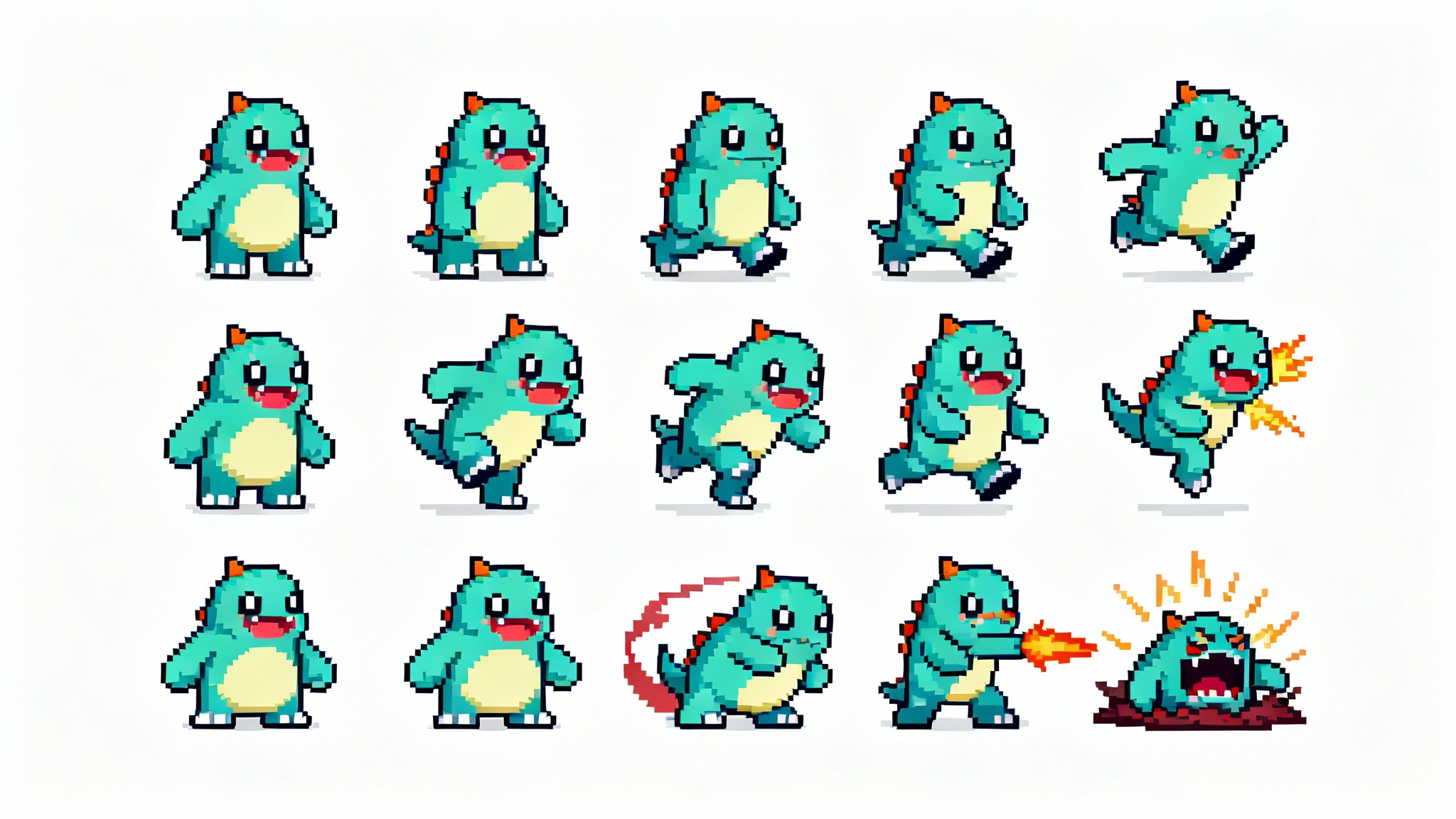 A 16-bit pixel art sprite sheet for a cute monster character, showing various animations like walking, jumping, and attacking, arranged neatly on a white background.