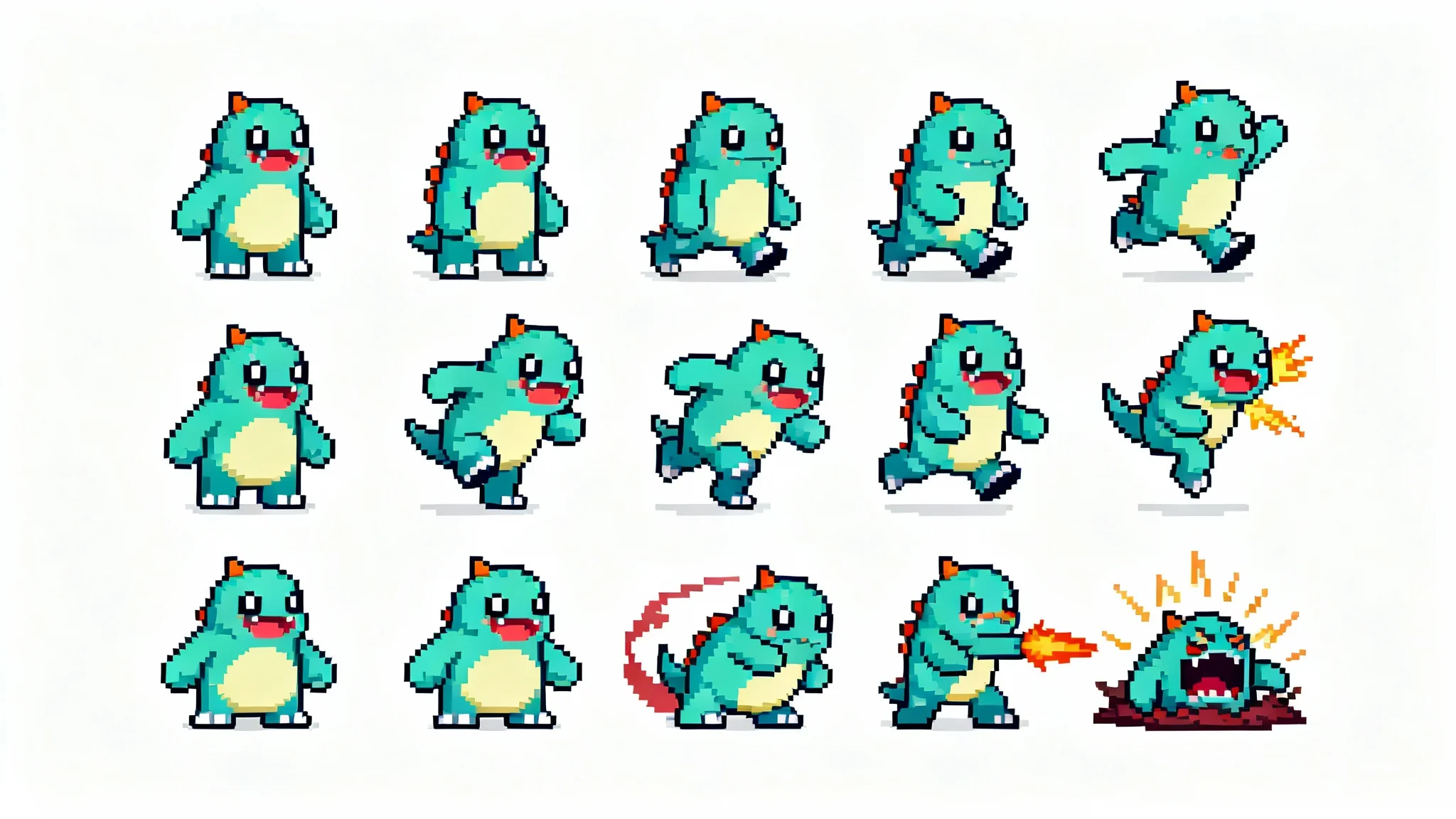 A 16-bit pixel art sprite sheet for a cute monster character, showing various animations like walking, jumping, and attacking, arranged neatly on a white background.