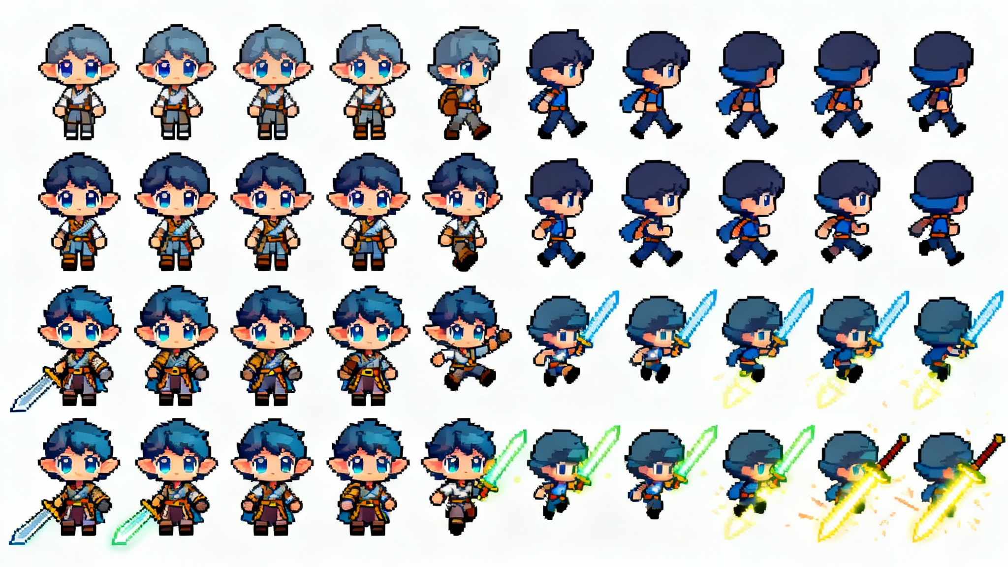 A 2D video game sprite sheet showing a cute fantasy hero character in various animation poses, including walking, running, and attacking, arranged in a clean grid on a white background.