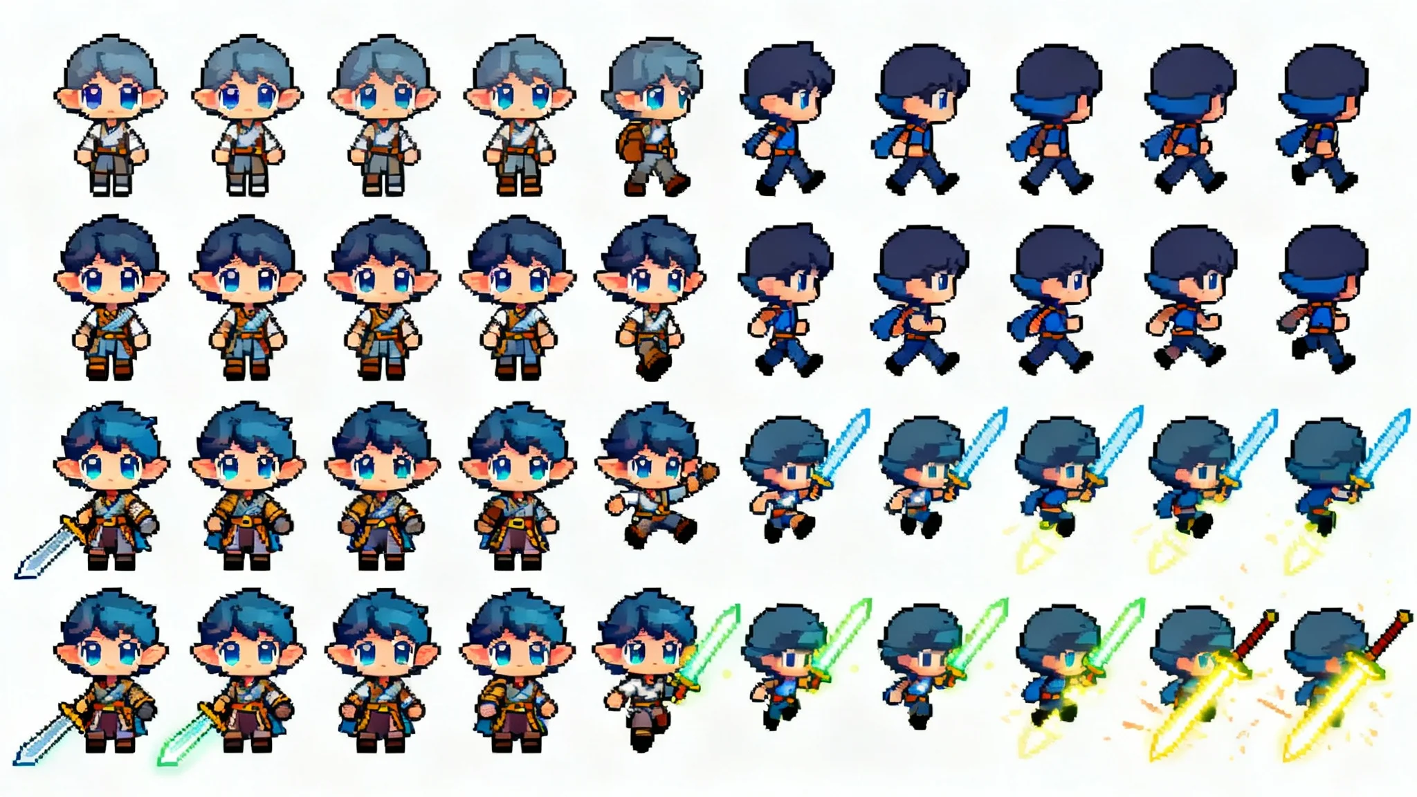 A 2D video game sprite sheet showing a cute fantasy hero character in various animation poses, including walking, running, and attacking, arranged in a clean grid on a white background.