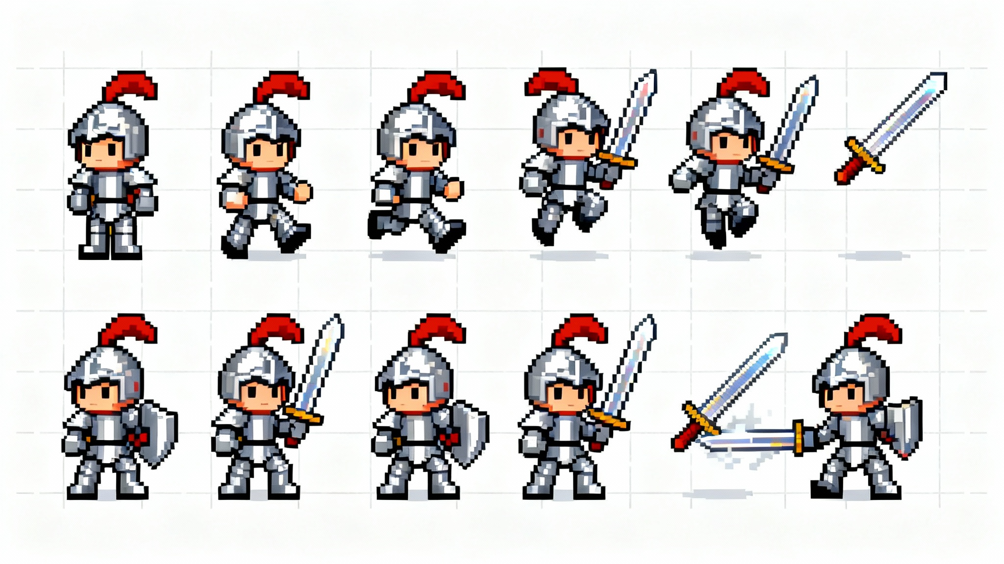 A sprite sheet of a pixel art knight character showing various animations like running, jumping, and attacking, all arranged in a grid on a white background.