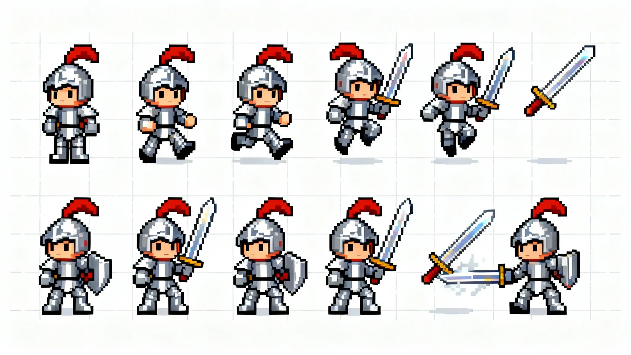 A sprite sheet of a pixel art knight character showing various animations like running, jumping, and attacking, all arranged in a grid on a white background.