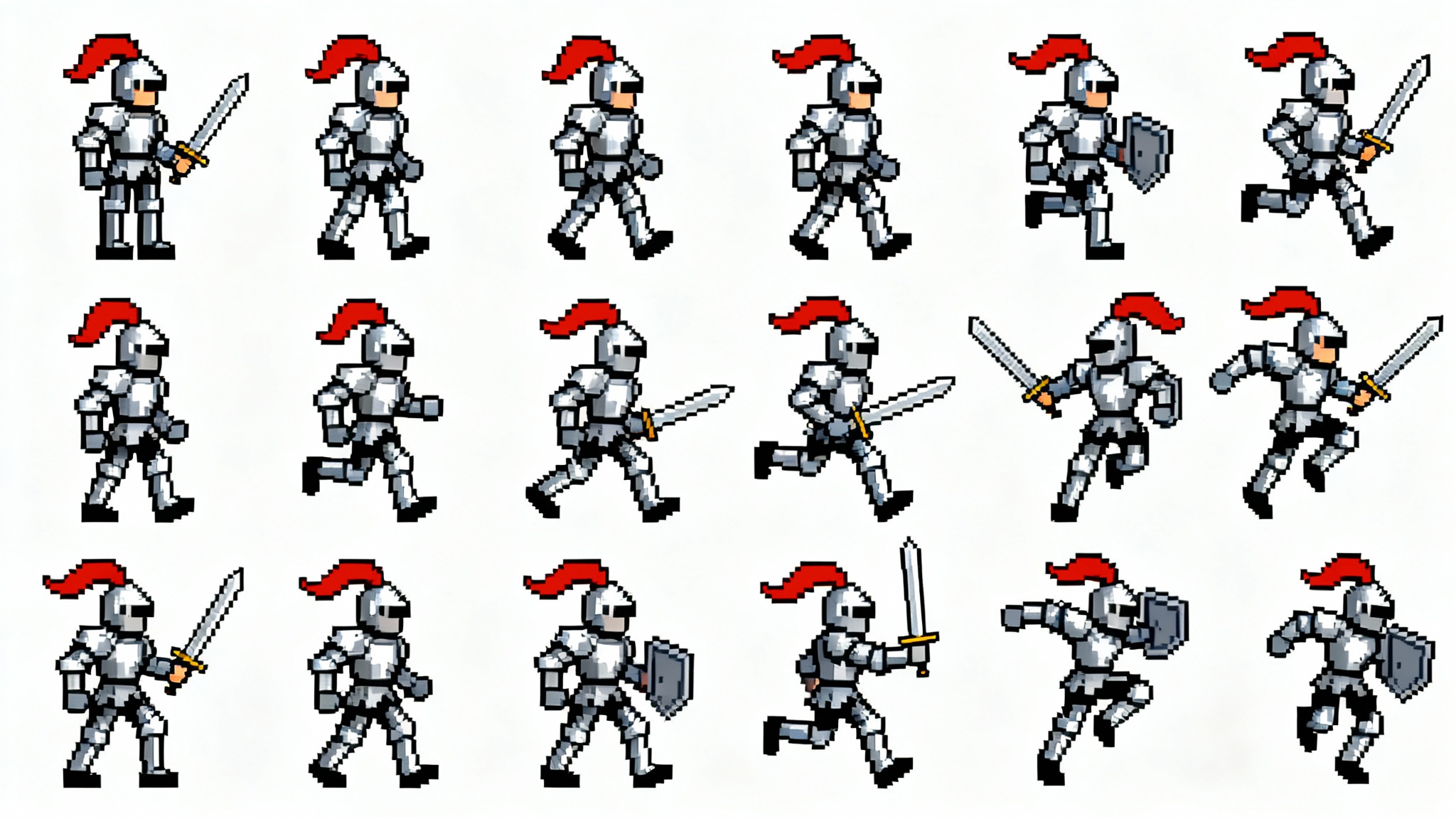 A pixel art sprite sheet of a knight character, showing different animation frames for walking, running, and attacking, all arranged in a neat grid on a white background.