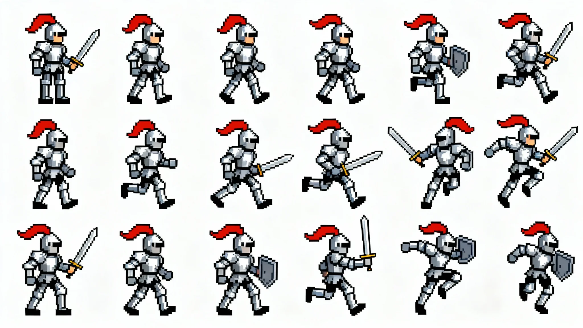 A pixel art sprite sheet of a knight character, showing different animation frames for walking, running, and attacking, all arranged in a neat grid on a white background.