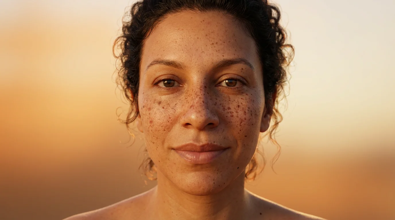A close-up digital painting of a character's face, the final result of using a freckle editor. The character has a dense and beautiful pattern of realistic freckles across their nose and cheeks, with gentle lighting highlighting the detailed artwork.