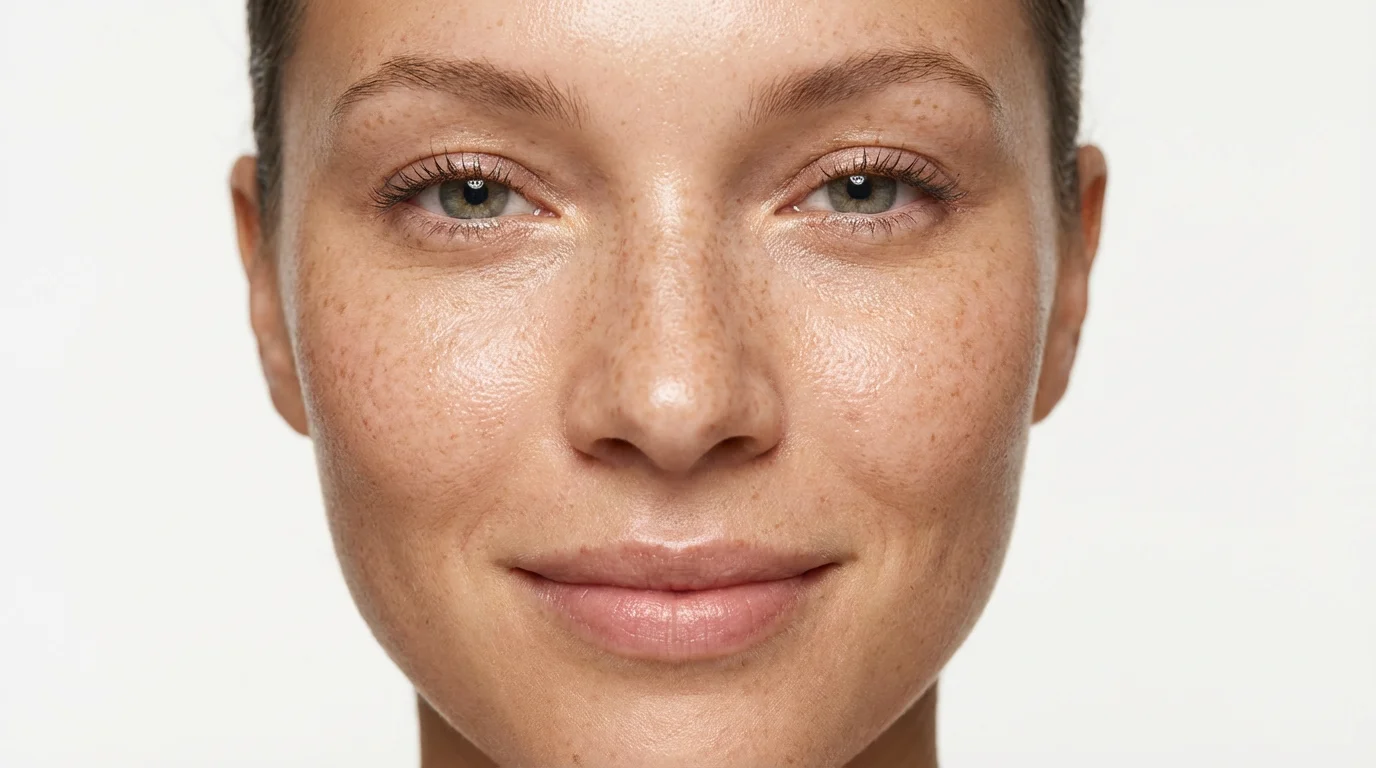 A hyper-realistic close-up beauty shot of a woman's face against a white background, highlighting a perfect application of natural-looking freckles across her nose and cheeks.