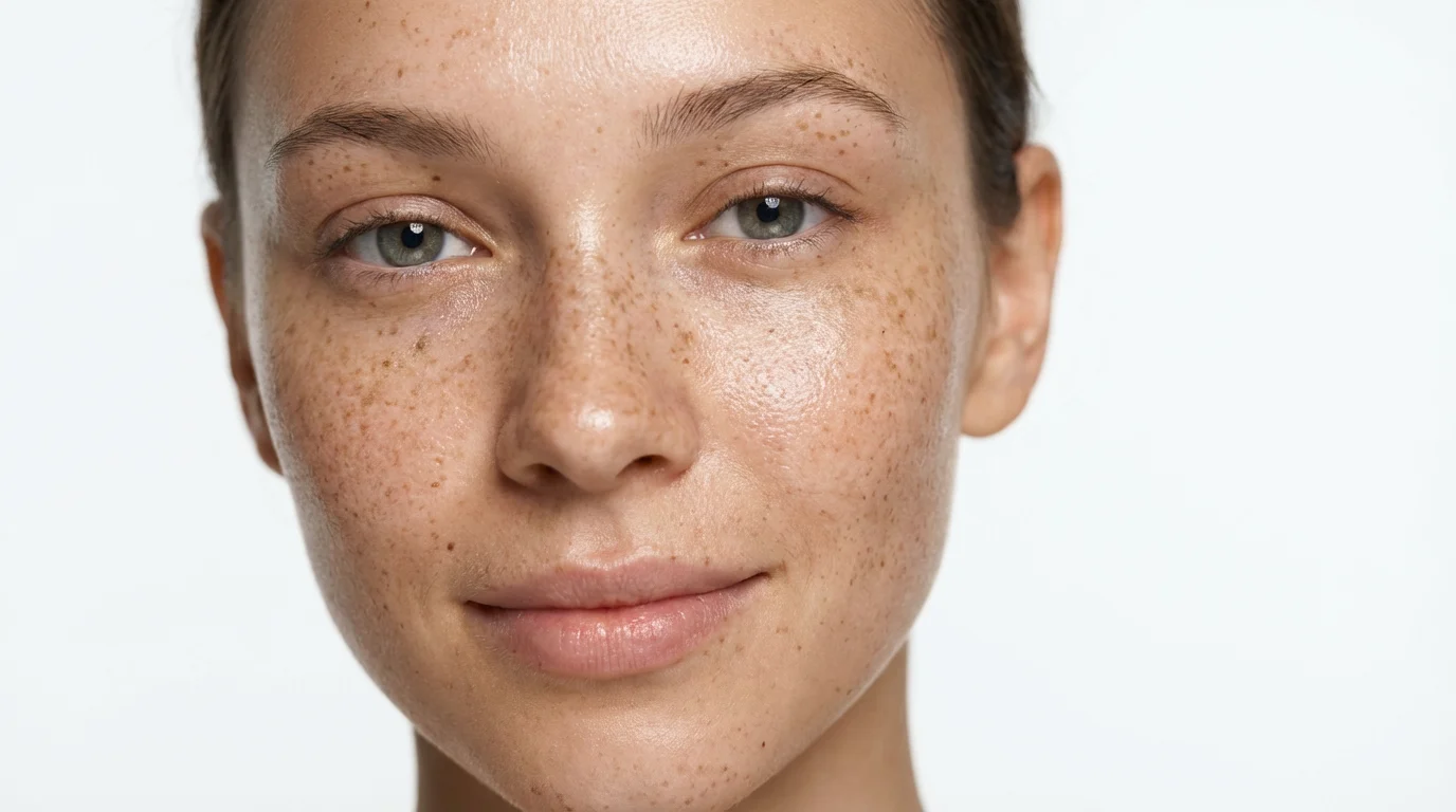 An extreme close-up beauty shot of a woman's face, focusing on the realistic, sun-kissed freckles added to her nose and cheeks, against a solid white background.