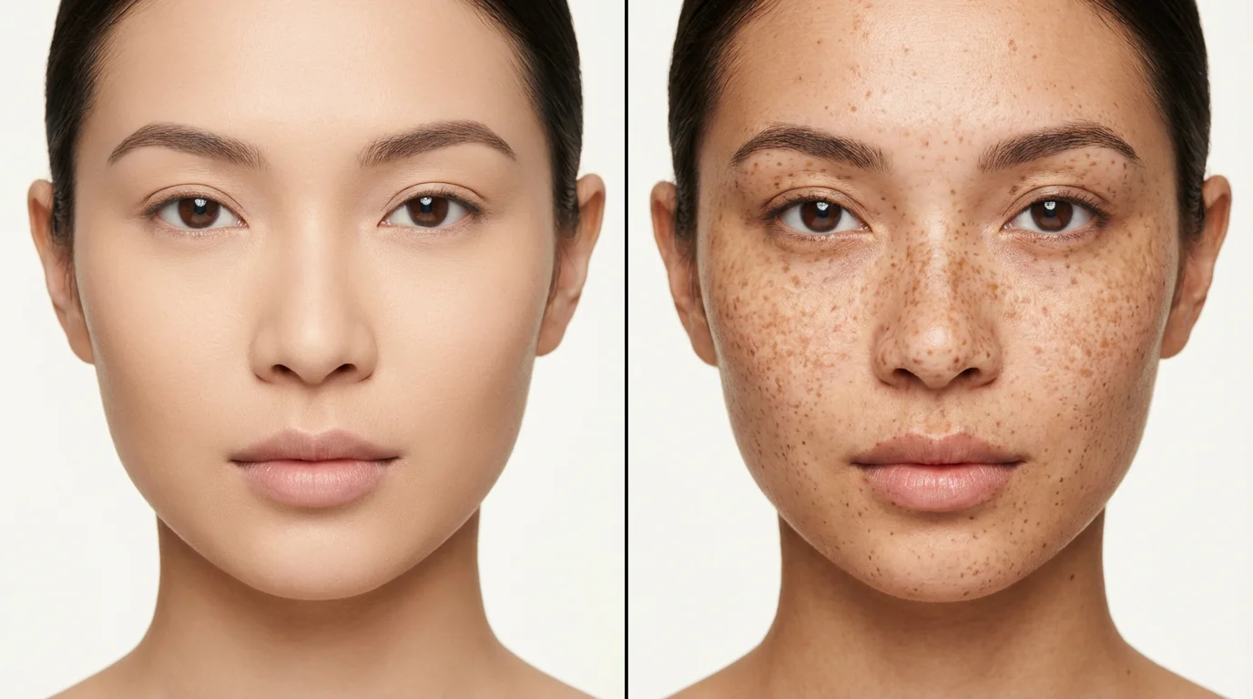 A close-up portrait of a woman's face, split in half to show a before-and-after effect. The left side shows clear skin, while the right side shows the same face with natural-looking freckles added across the nose and cheeks.